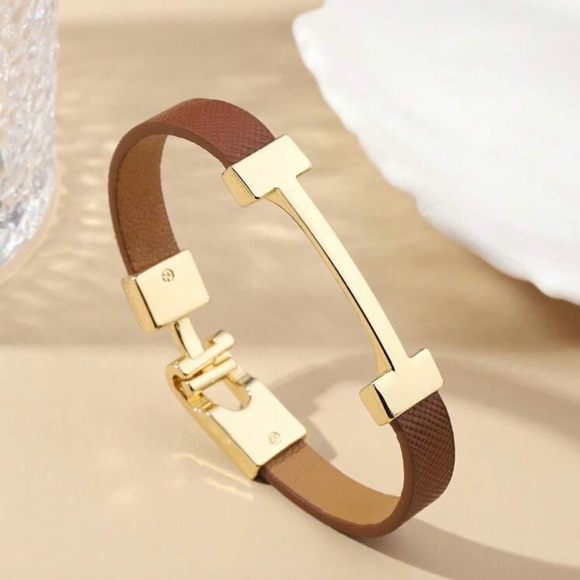Jewelry - 14k Gold Plated Brown Vegan Leather Bracelet NWT